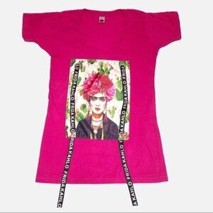 Frida Kahlo Womens Size Small Top Pink Graphic Mixed Media Short Sleeve Artsy